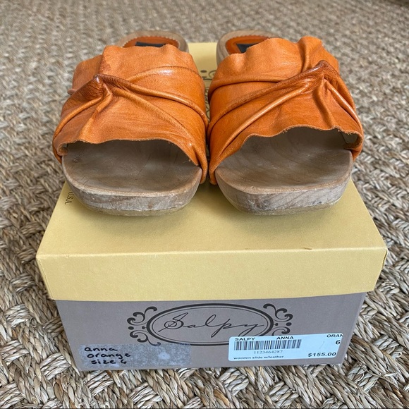 (Sold) SALPY Handmade Leather Wood Sandal Slide Anna in Burnt Orange with Studs - Picture 4 of 12